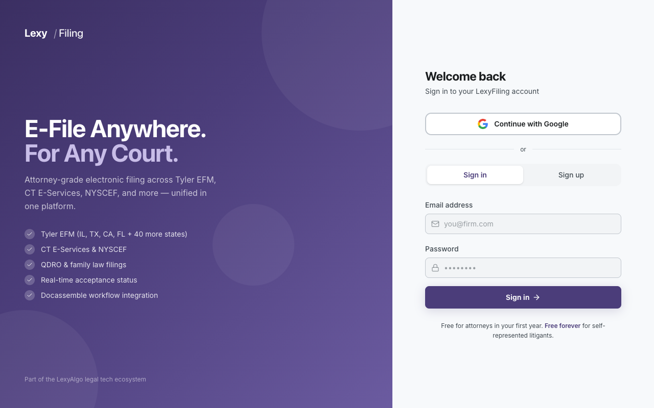 LexyFiling E-Filing App — court submission portal