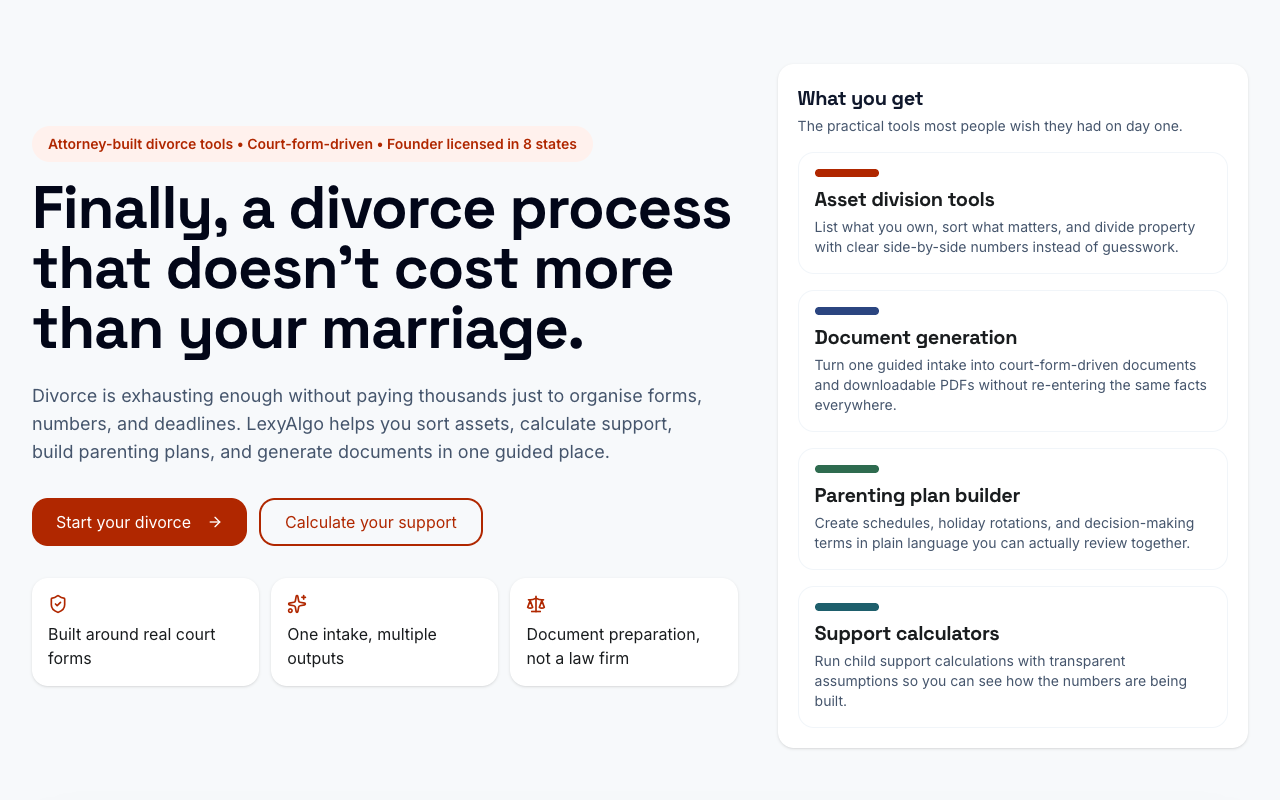 LexyAlgo V2 App — Divorce Forms and Asset Divider